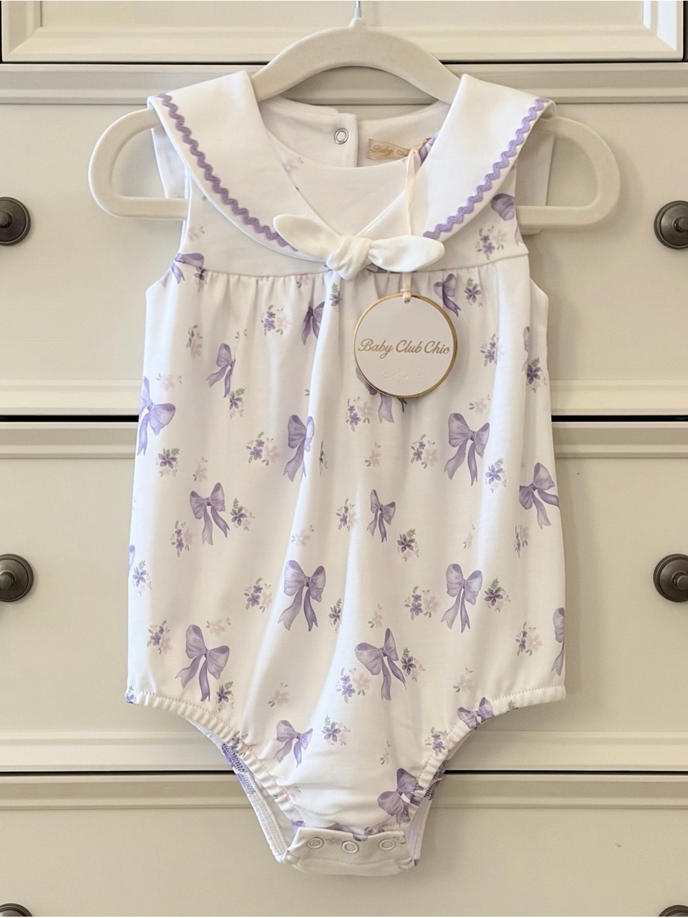 NWT Baby Club Chic Pima Cotton Lavender Bows Bubble w/ Sailor Collar 9-12 Months